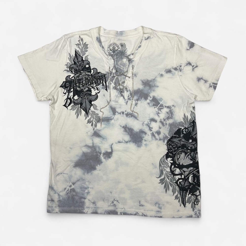 Affliction Tie Dye Lace Up V Neck T-Shirt Grunge Y2K Indie Sleaze